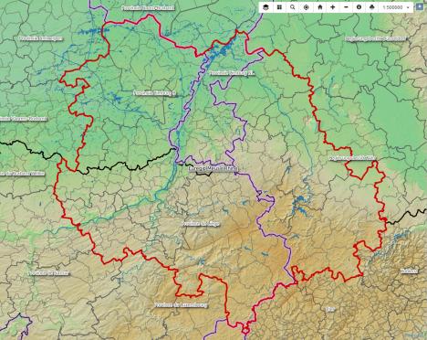 Euregionaler GIS Viewer - Layer Relief, Wasser und administrative Grenzen